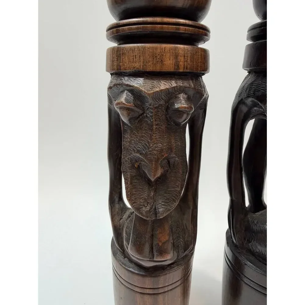 Set 2 Hand Carved Wood Candle Holders Figural Tribal Decor 1.78 lb